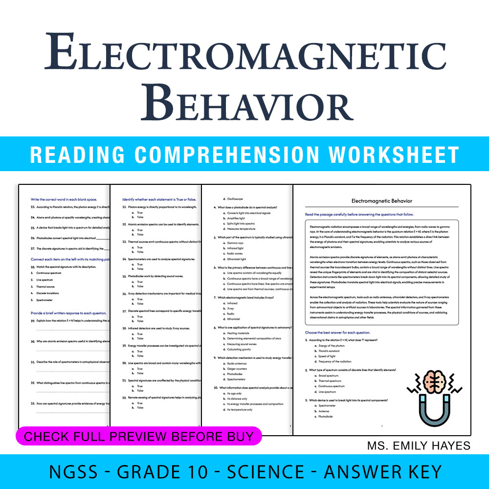 Grade 10 Science worksheet worksheet — Grade 10 Science | Electromagnetic Behavior Worksheet (PDF+ Answer Key) — page 1