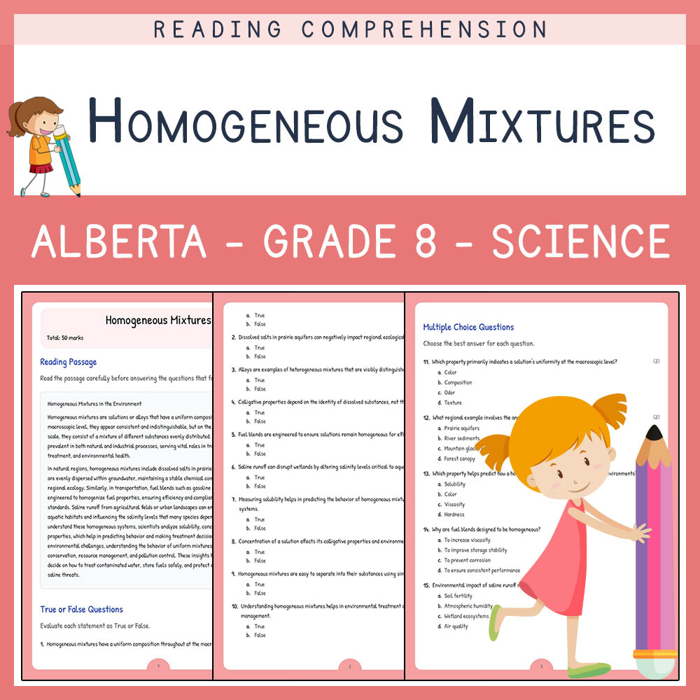 Grade 8 Science worksheet elena worksheet — Grade 8 Science | Homogeneous Mixtures Worksheet | Alberta Standard — page 1