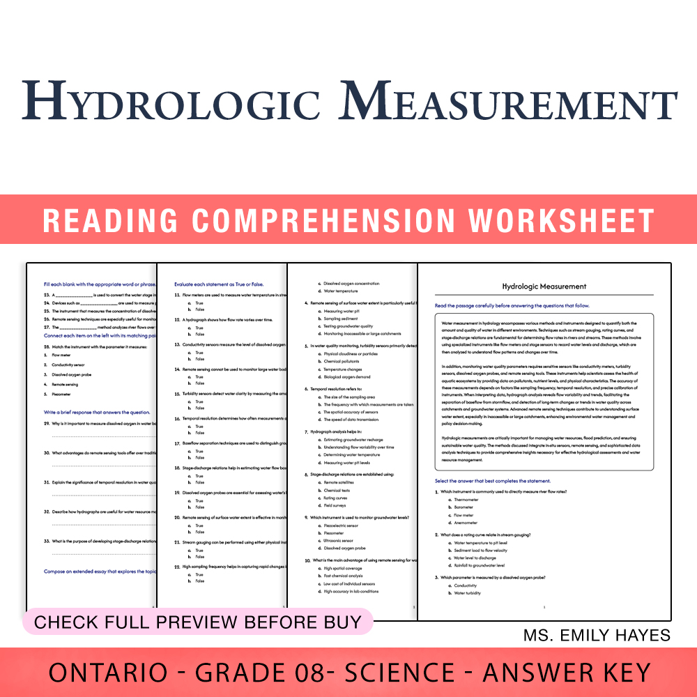 Grade 8 Science worksheet worksheet — 8th Grade Science | Hydrologic Measurement Worksheet (PDF+ Answer Key) — page 1