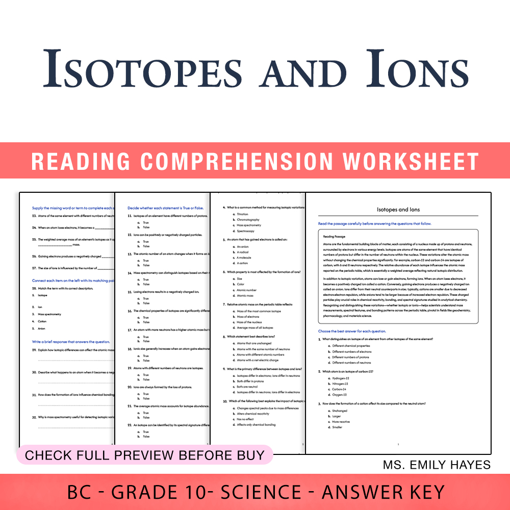 Grade 10 Science worksheet worksheet — 10th Grade Science | Isotopes and Ions Practice Worksheet (PDF + Answer Key) — page 1