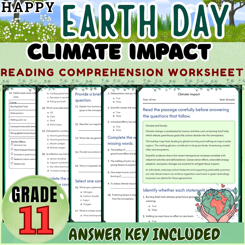 Grade 11 Seasonal|Earth Day & Climate Impact Worksheet Pack(Answer Key Included) — included worksheet 5