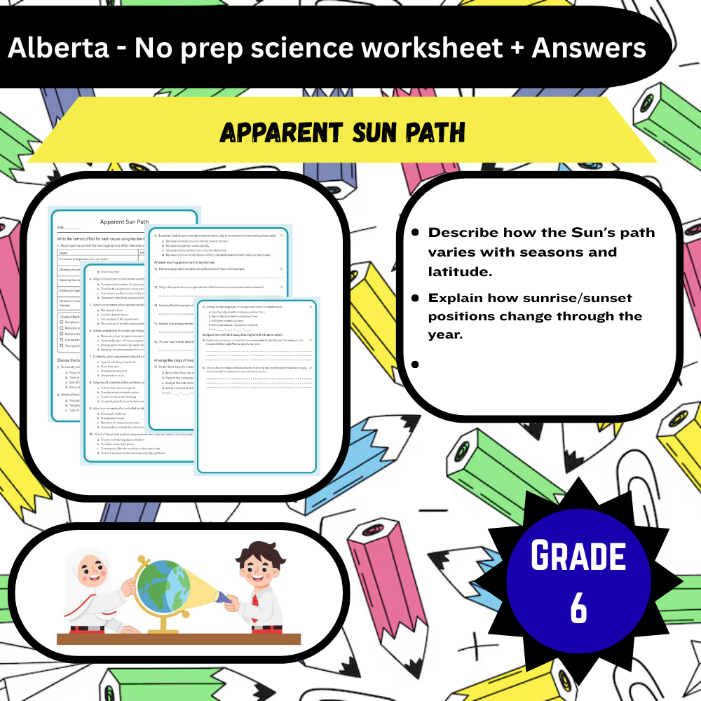 6th Grade Science – Apparent Sun Path Worksheet (Worksheet + Answer Key) – Alberta Standards