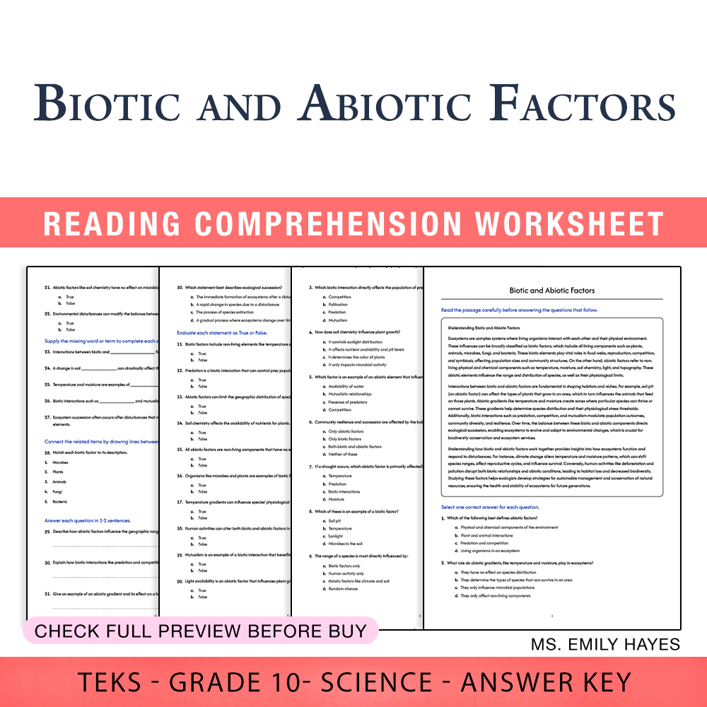 Grade 10 Science worksheet worksheet — 10th Grade Science | Biotic and Abiotic Factors Worksheet (PDF+ Answer Key) — page 1