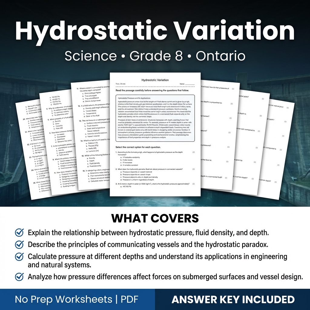 Hydrostatic Variation Worksheet | Science Grade 8 Ontario Standards