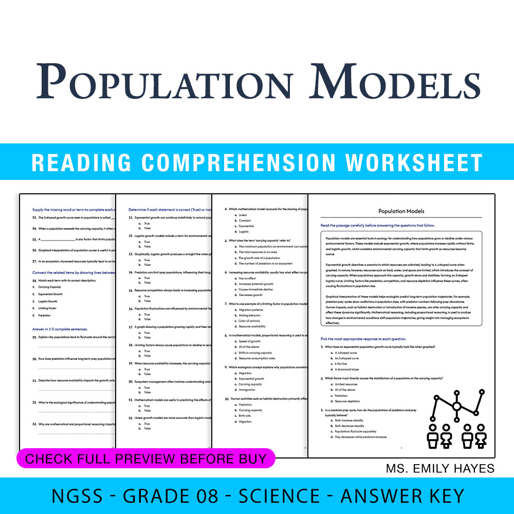 Grade 8 Science worksheet — 8th Grade Science | Population Models Worksheet (PDF+ Answer Key) — page 1
