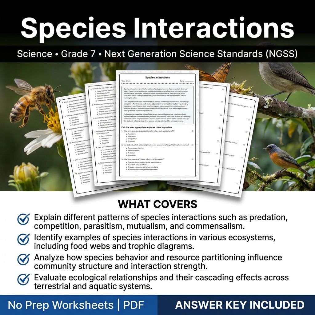 Grade 7 Science worksheet — 7th Grade Science | Species Interactions Worksheet & Answer Key (Printable PDF)