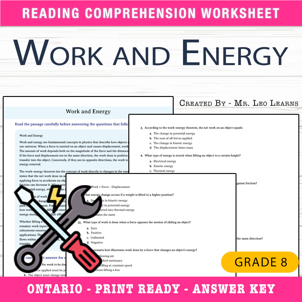 Grade 8 Science worksheet worksheet — Grade 8 Science — Work and Energy Worksheet for Mastery — page 1