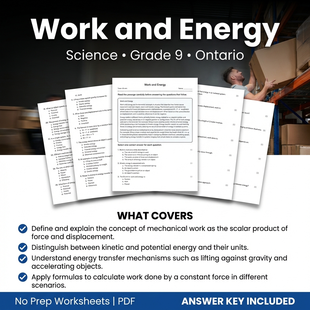 Work and Energy Worksheet for Grade 9 Science | Ontario Standards