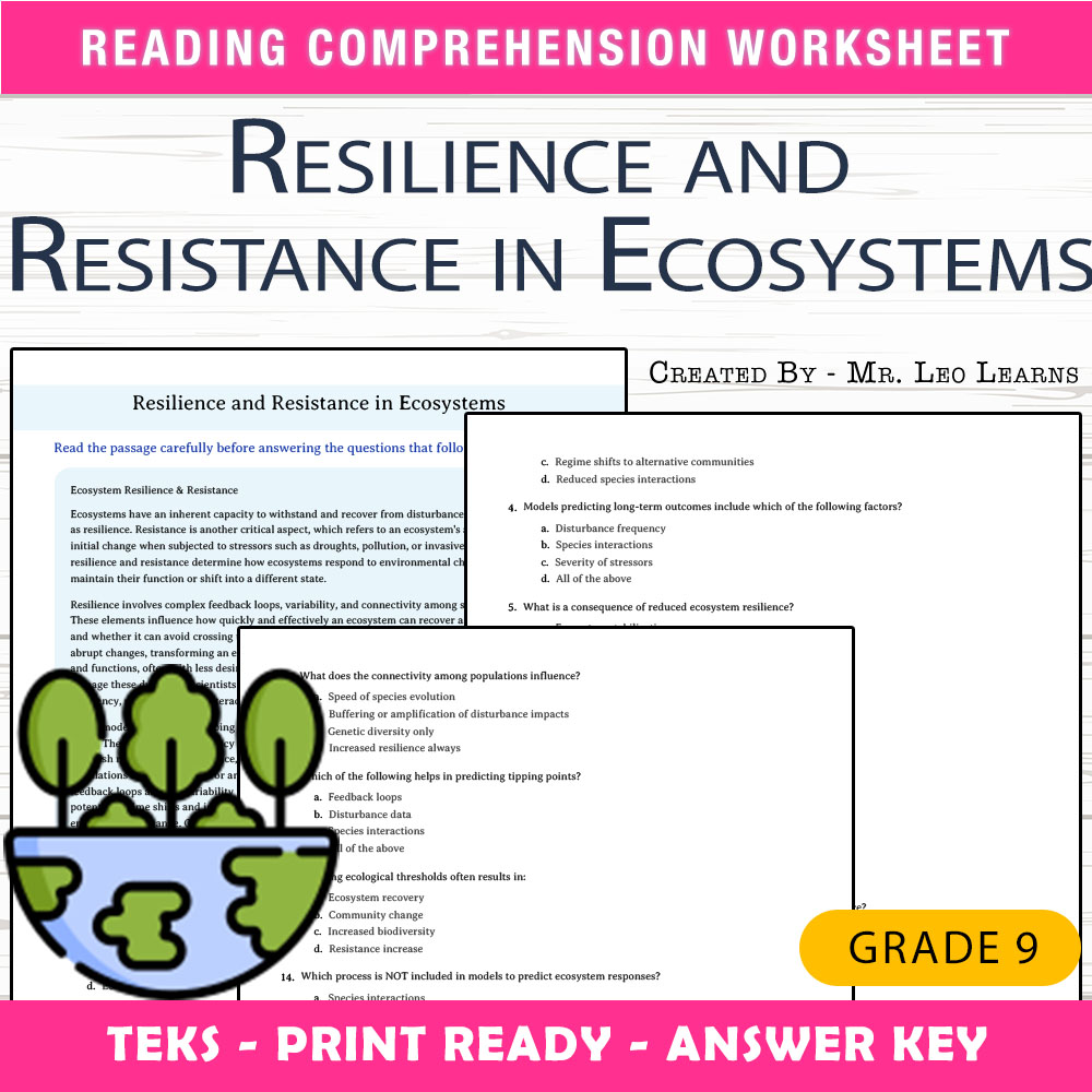 Grade 9 Science worksheet worksheet — Grade 9 Science – Resilience and Resistance in Ecosystems Worksheet — page 1
