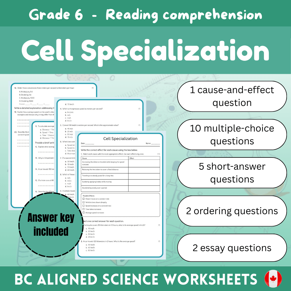 6th Grade Science | Cell Specialization Worksheet + Answer Key - BC Standard