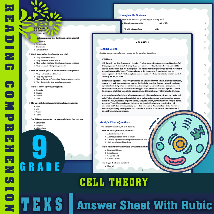 Grade 9 Science reading worksheets worksheet — 9th Grade Science | Cell Theory Reading Worksheet & Answer Key (PDF) — page 1
