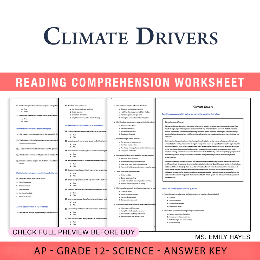 Grade 12 Science worksheet assessment worksheet — 12th Grade Science | Climate Drivers Assessment Worksheet (PDF+ Answer K…