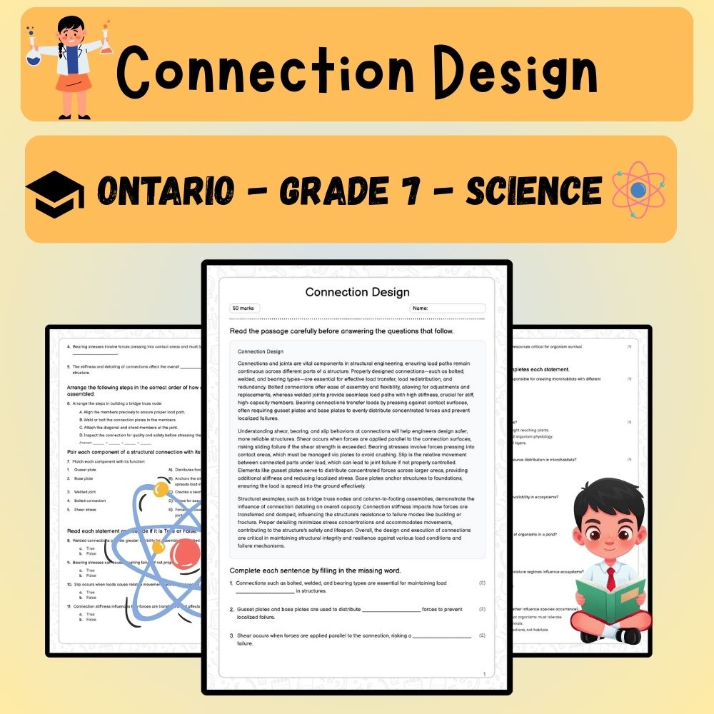 Grade 7 Science worksheet worksheet — Grade 7 Science | Connection Design Worksheet – Structural Engineering (PDF) — page 1