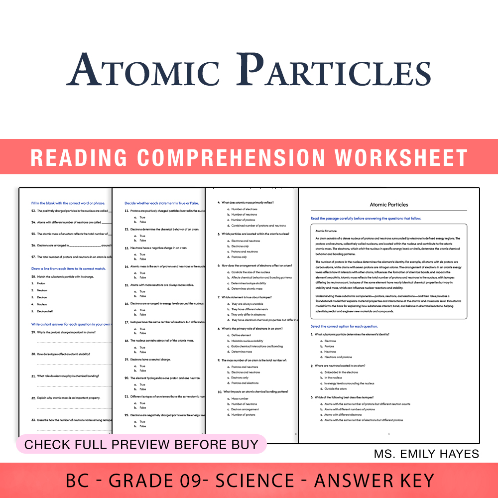 Grade 9 Science worksheet worksheet — 9th Grade Science | Atomic Particles Worksheet (PDF+ Answer Key) — page 1