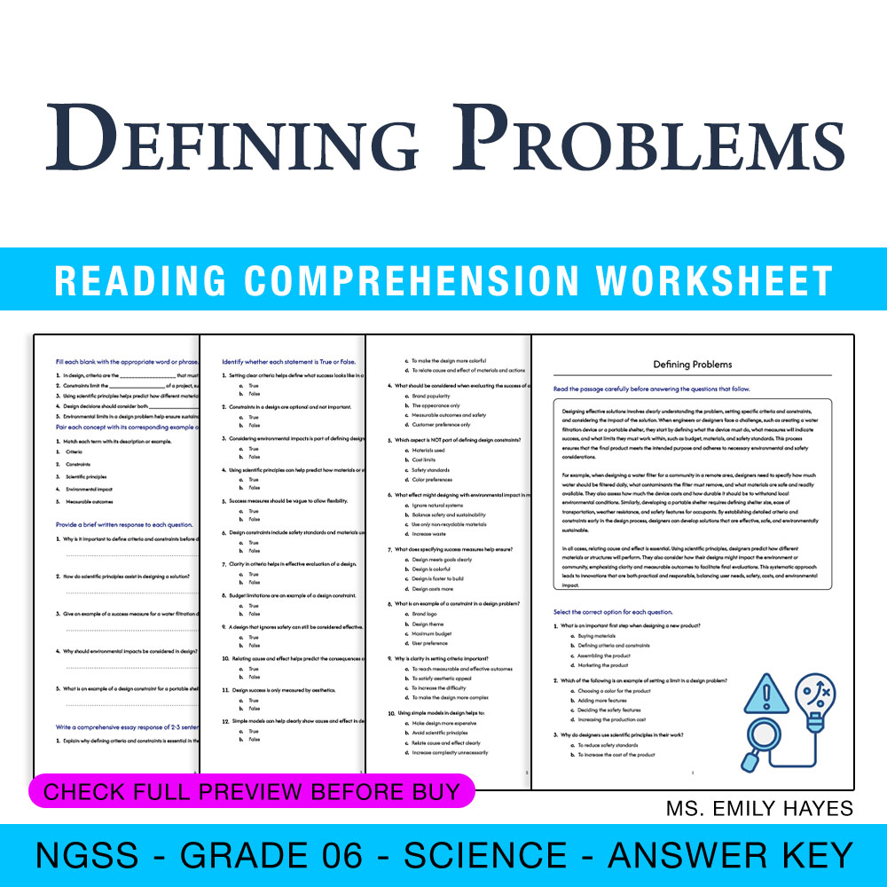 Grade 6 Science worksheet worksheet — 6th Grade Science | Defining Problems Worksheet (PDF + Answer Key) — page 1