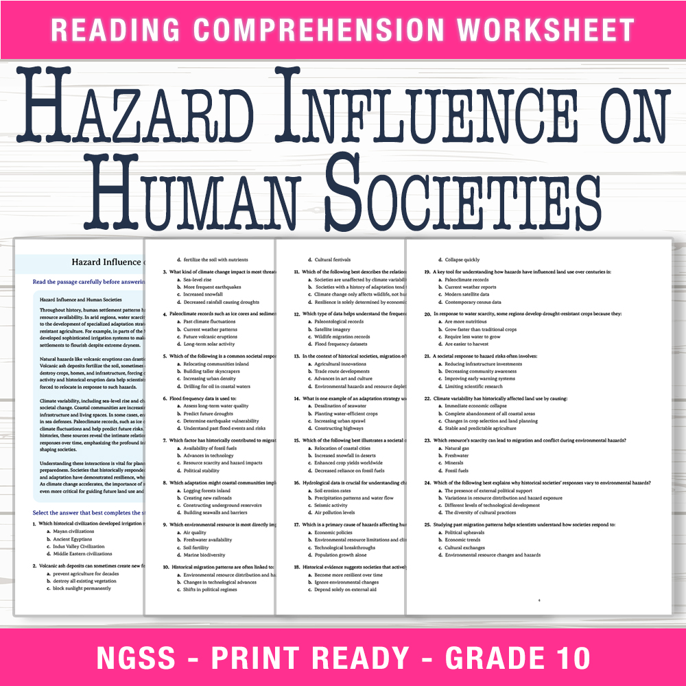 Grade 10 Science worksheet worksheet — Grade 10 Science | Hazard Influence on Human Societies Worksheet (PDF) — page 1