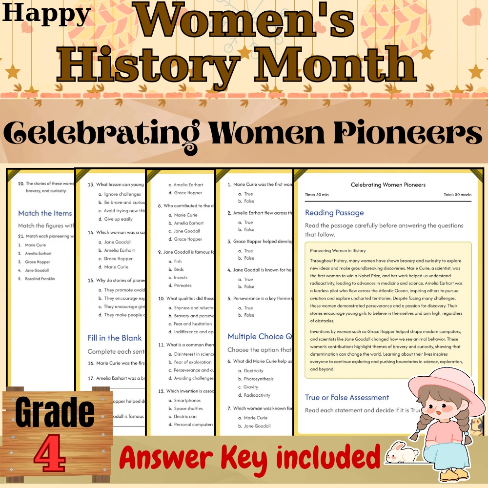 Grade 4 Seasonal Celebrating Women Pioneers Worksheet for Mastery|PDF+Answer Key