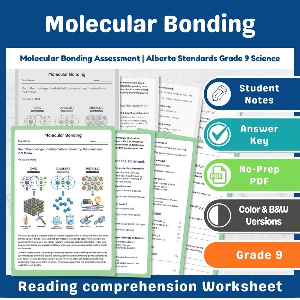 Grade 9 Science assessment worksheet — Molecular Bonding Assessment | Alberta Standards Grade 9 Science — page 1