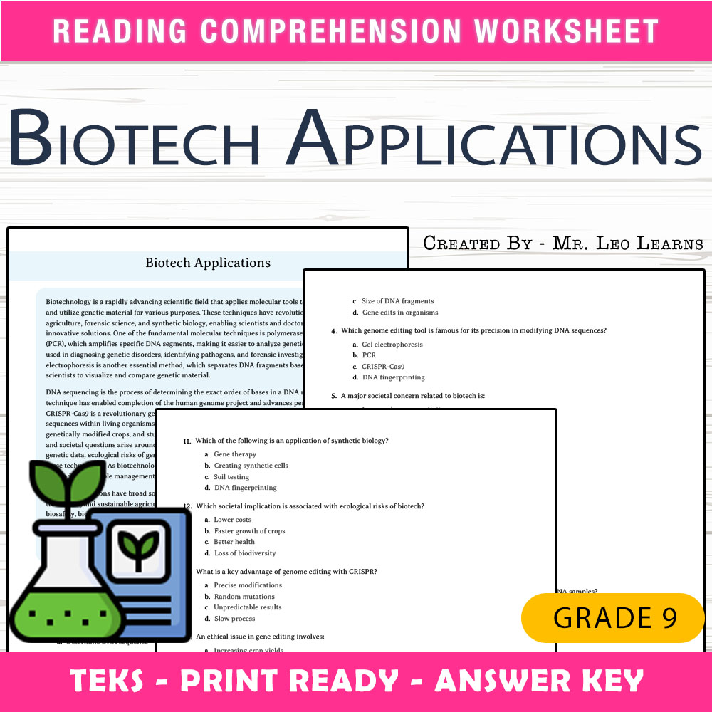 Grade 9 Science worksheet worksheet — Grade 9 Science — Biotech Applications Worksheet for Mastery — page 1