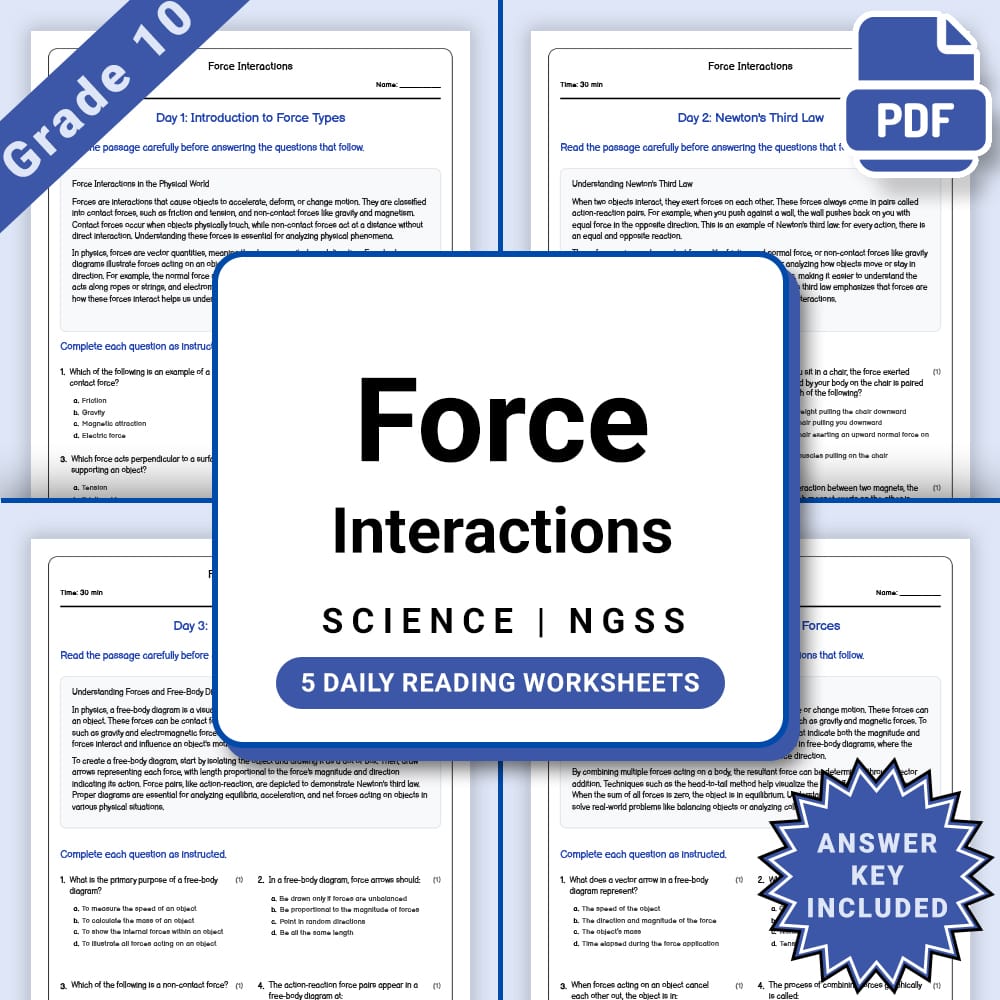 Grade 10 Science daily reading worksheet worksheet — Grade 10 Science – Force Interactions Worksheet (PDF +Answer Key) — p…