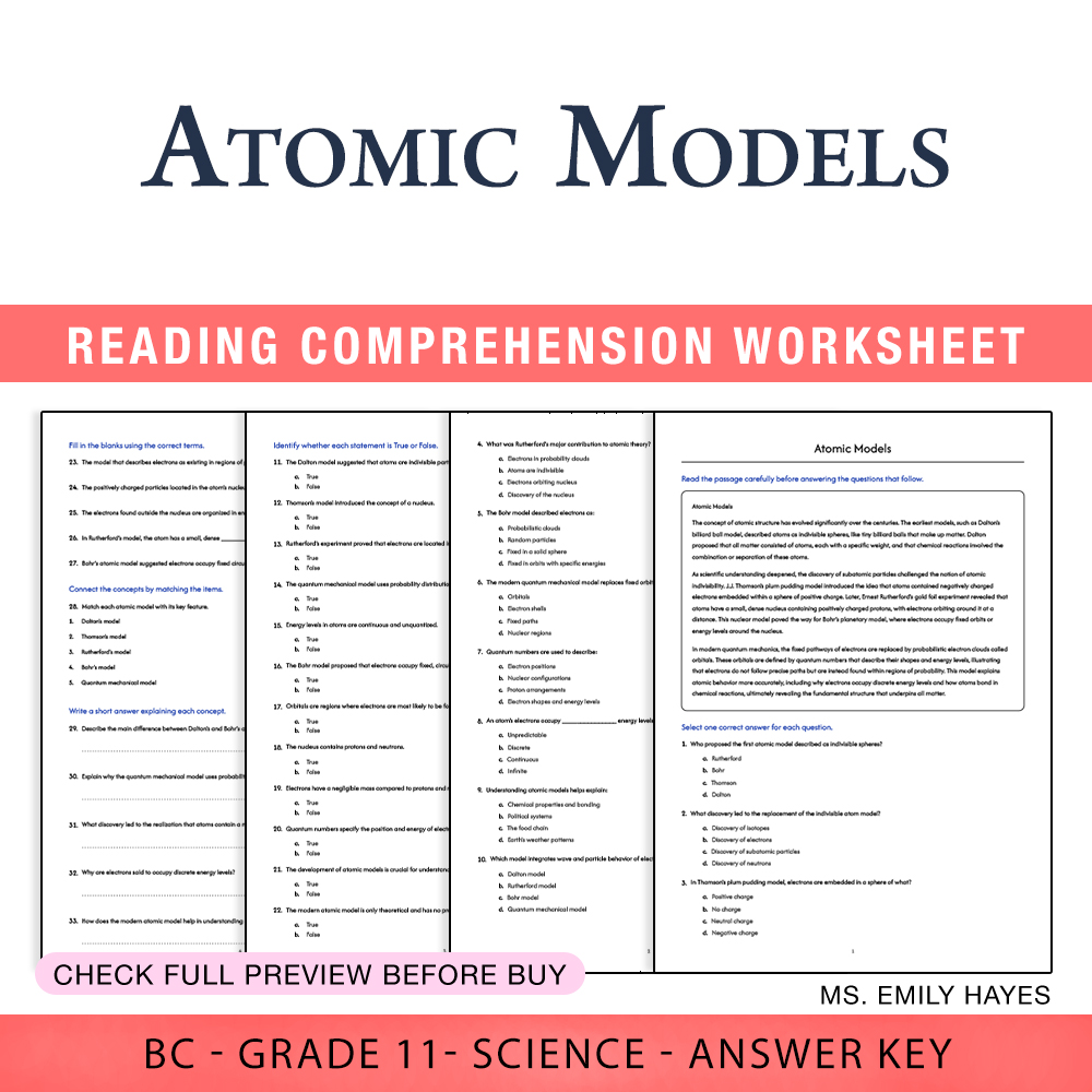 Grade 11 Science worksheet worksheet — 11th Grade Science | Atomic Models Worksheet (PDF + Answer Key) — page 1