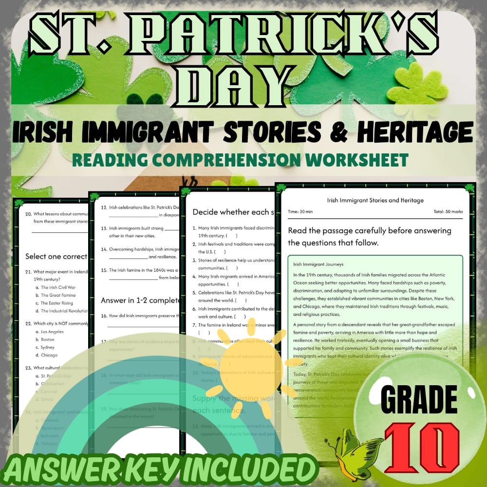Grade 10 Holiday Worksheets Bundle | St. Patrick's Day Irish Heritage & Symbols — included worksheet 3