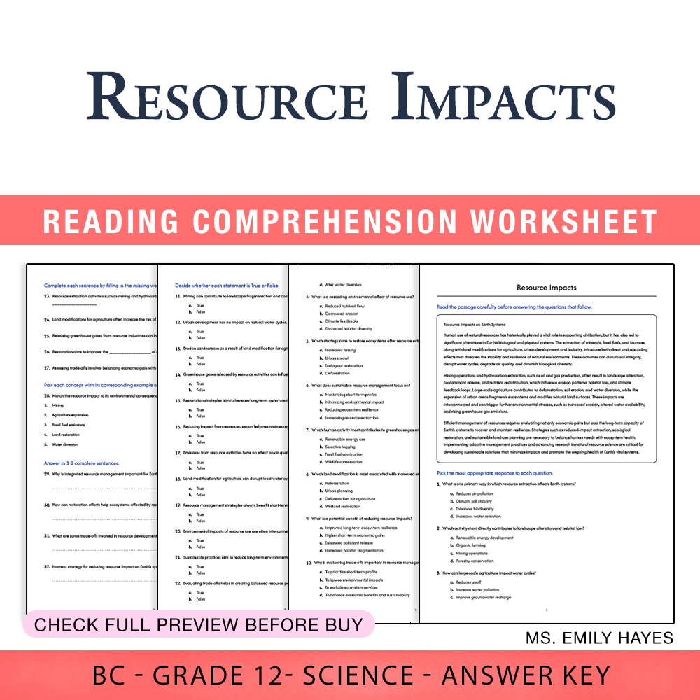 Grade 12 Science worksheet worksheet — Grade 12 Science | Resource Impacts Worksheet (PDF + Answer Key) — page 1