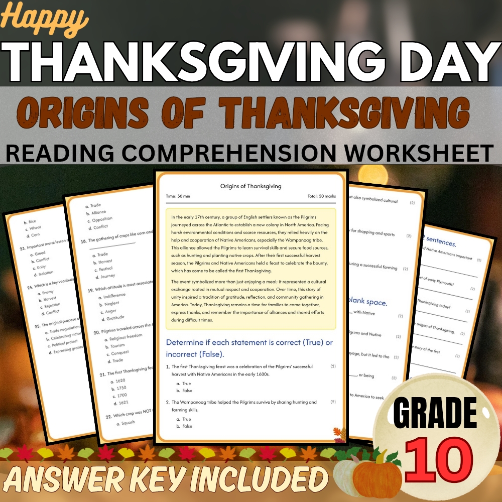 Grade 10 Seasonal | Origins of Thanksgiving Worksheet | PDF + Answer Key