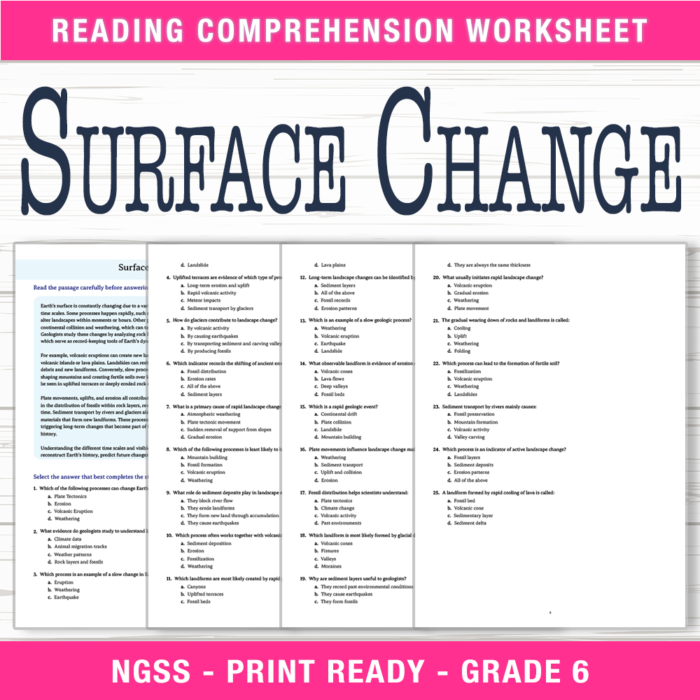 Grade 6 Science worksheet worksheet — 6th Grade Science | Surface Change Worksheet (PDF + Answer Key) — page 1