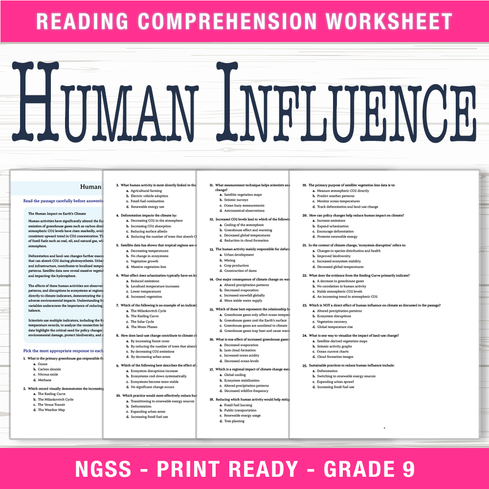 Grade 9 Science worksheet worksheet — Grade 9 Science | Human Influence Worksheet (PDF + Answer Key) — page 1