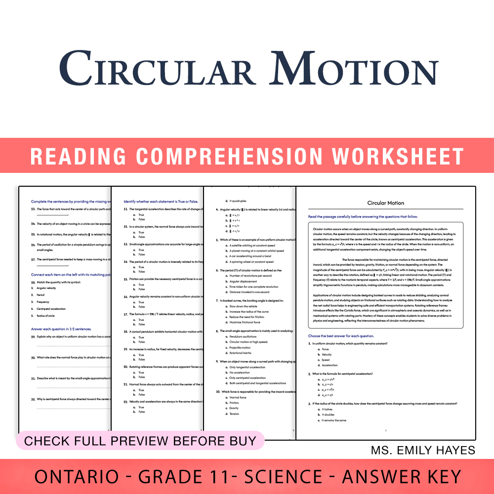 Grade 11 Science worksheet worksheet — Grade 11 Science | Circular Motion Worksheet (PDF + Answer Key) — page 1