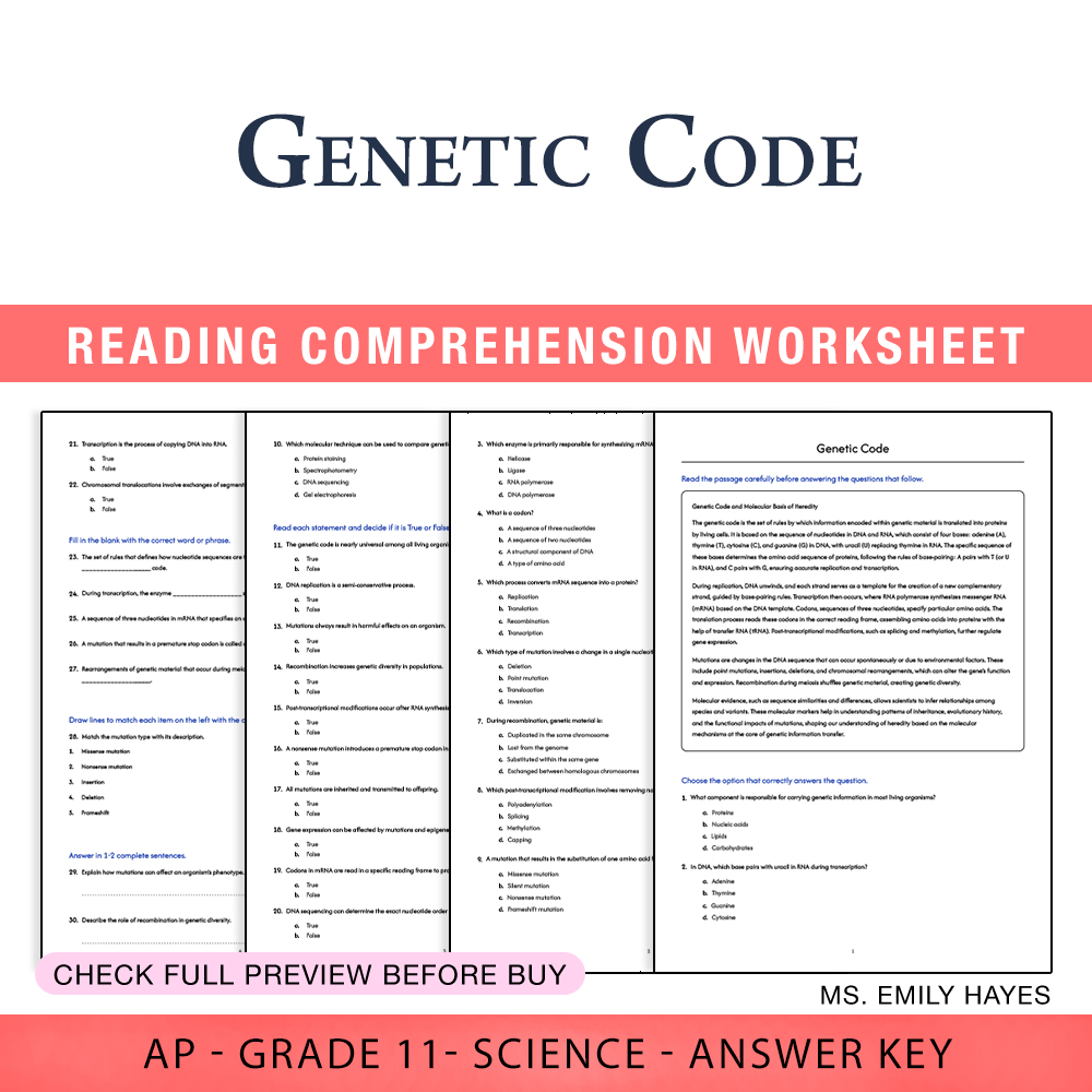Grade 11 Science worksheet assessment worksheet — 11th Grade Science | Genetic Code Worksheet (PDF+ Answer Key) — page 1