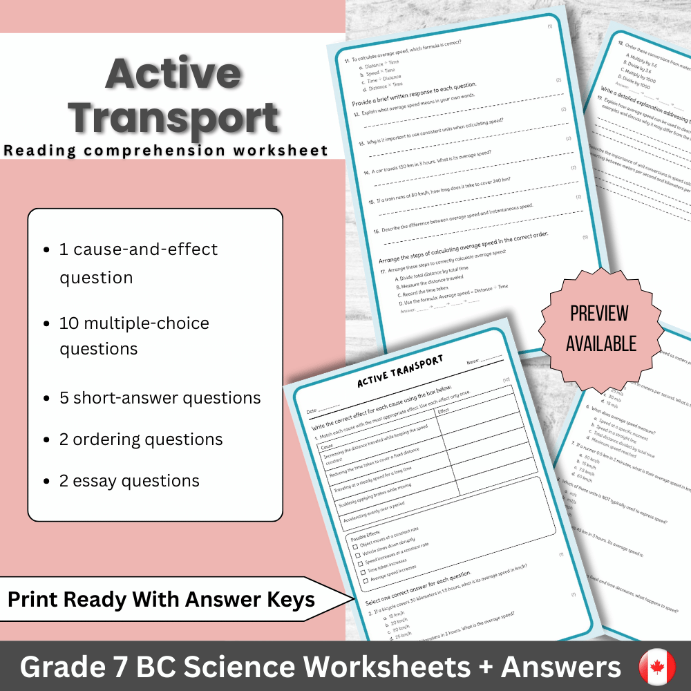 Grade 7 Science | Active Transport Worksheet + Answer Key (BC Standards)