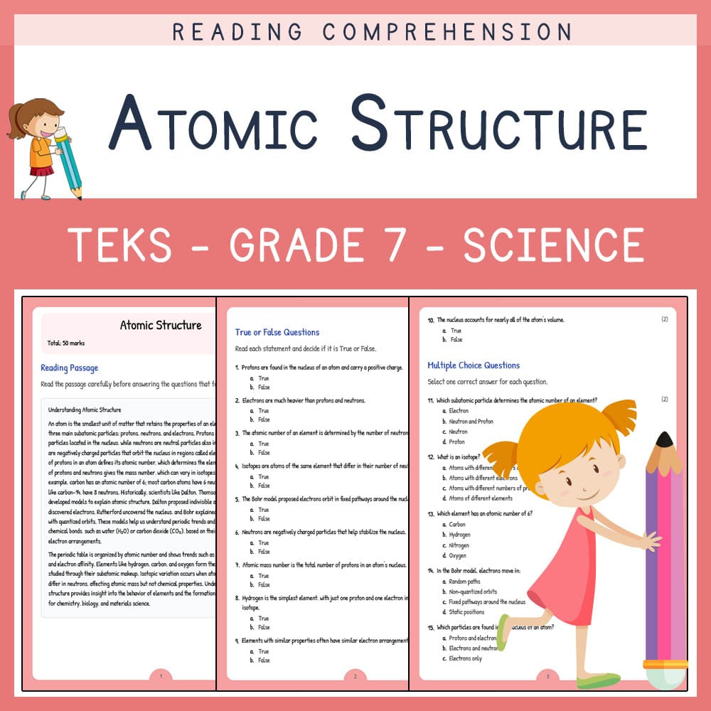 Grade 7 Science worksheet elena worksheet — Grade 7 Science | Atomic Structure Worksheet | TEKS Alligned — page 1