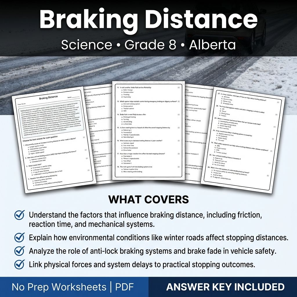 Grade 8 Science Worksheet on Braking Distance | Alberta Standards