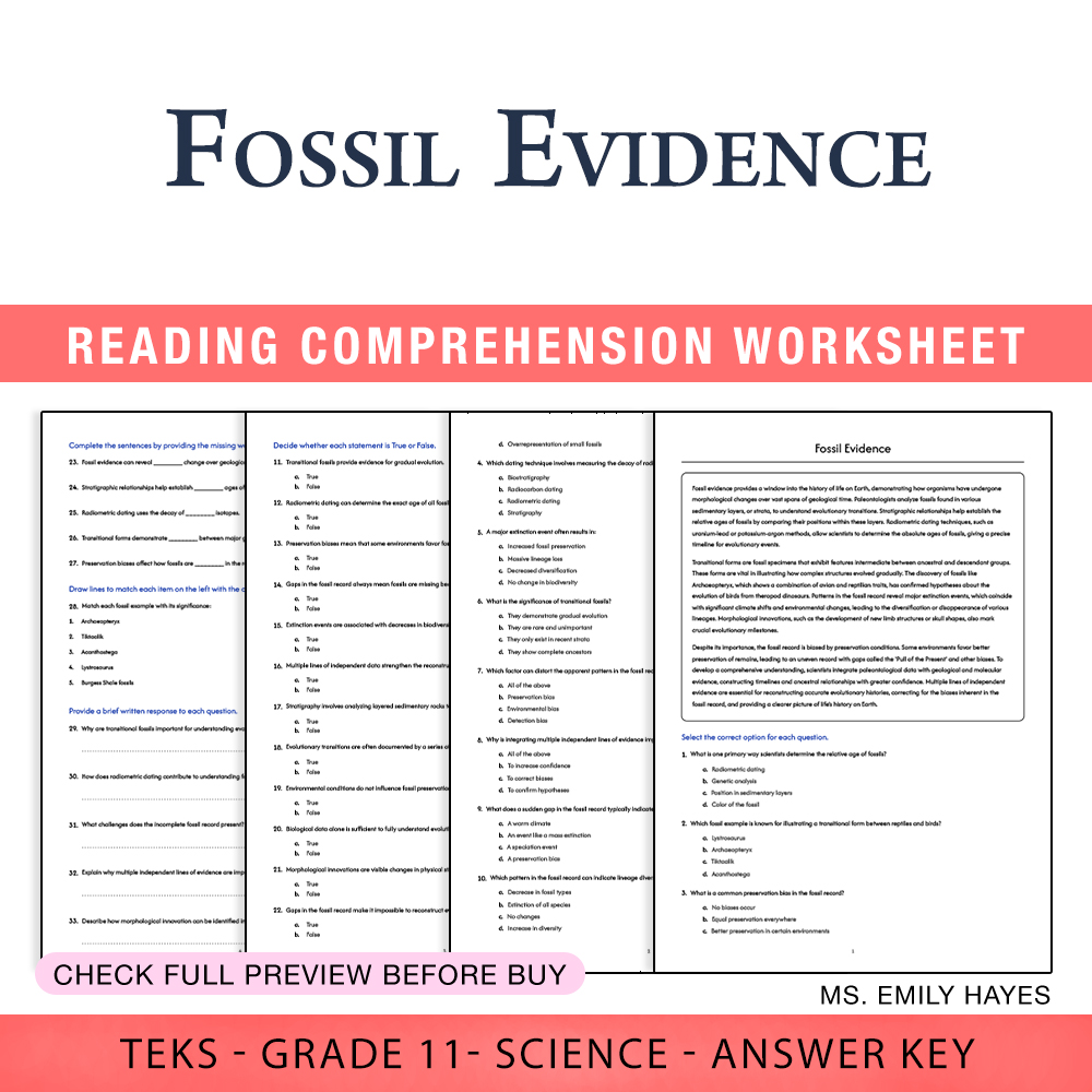Grade 11 Science worksheet worksheet — 11th Grade Science | Fossil Evidence Worksheet (PDF+ Answer Key) — page 1