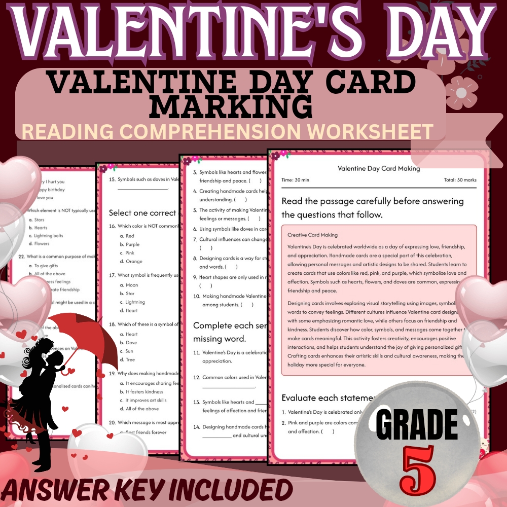 Grade 5 Holiday valentine day worksheet — Grade 5 Holiday Valentine Day Card Making Worksheet for Mastery|PDF + Answer Key…