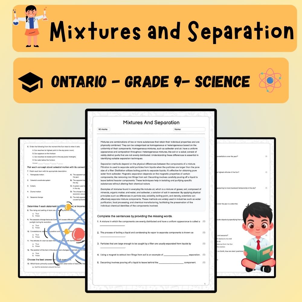Grade 9 Science worksheet worksheet — Grade 9 Science | Mixtures and Separation Worksheet – Ontario Standards (PDF) — page 1