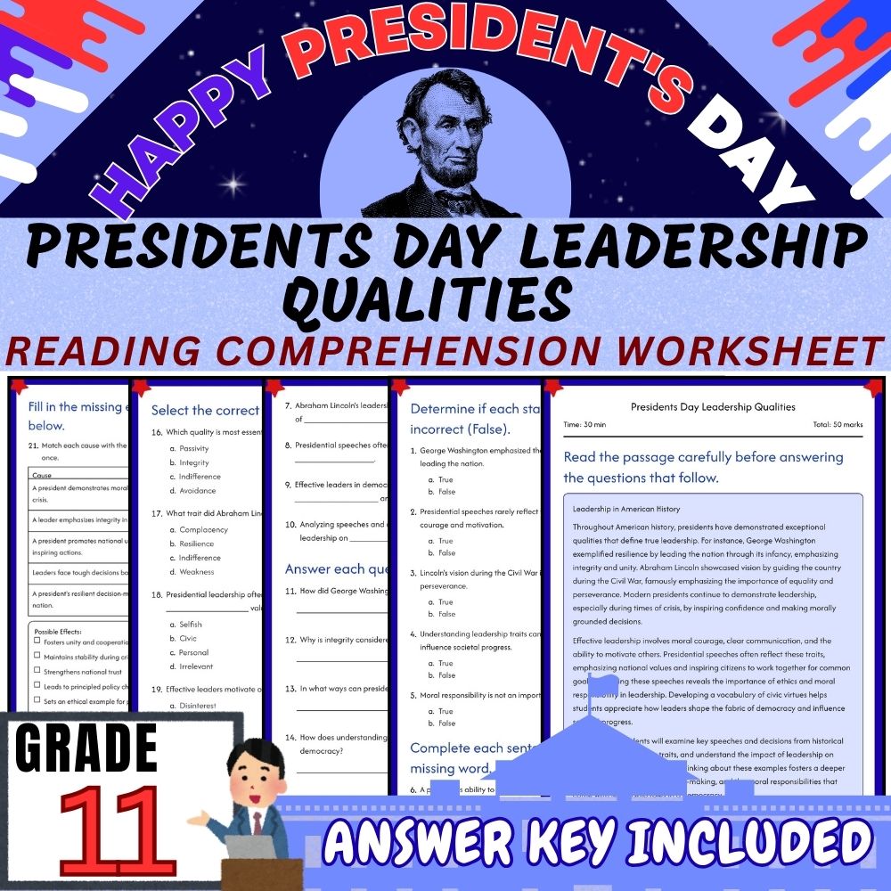 Grade 11| Presidents Day & Leadership Unit Worksheet Pack (Answer Key Included) — included worksheet 2