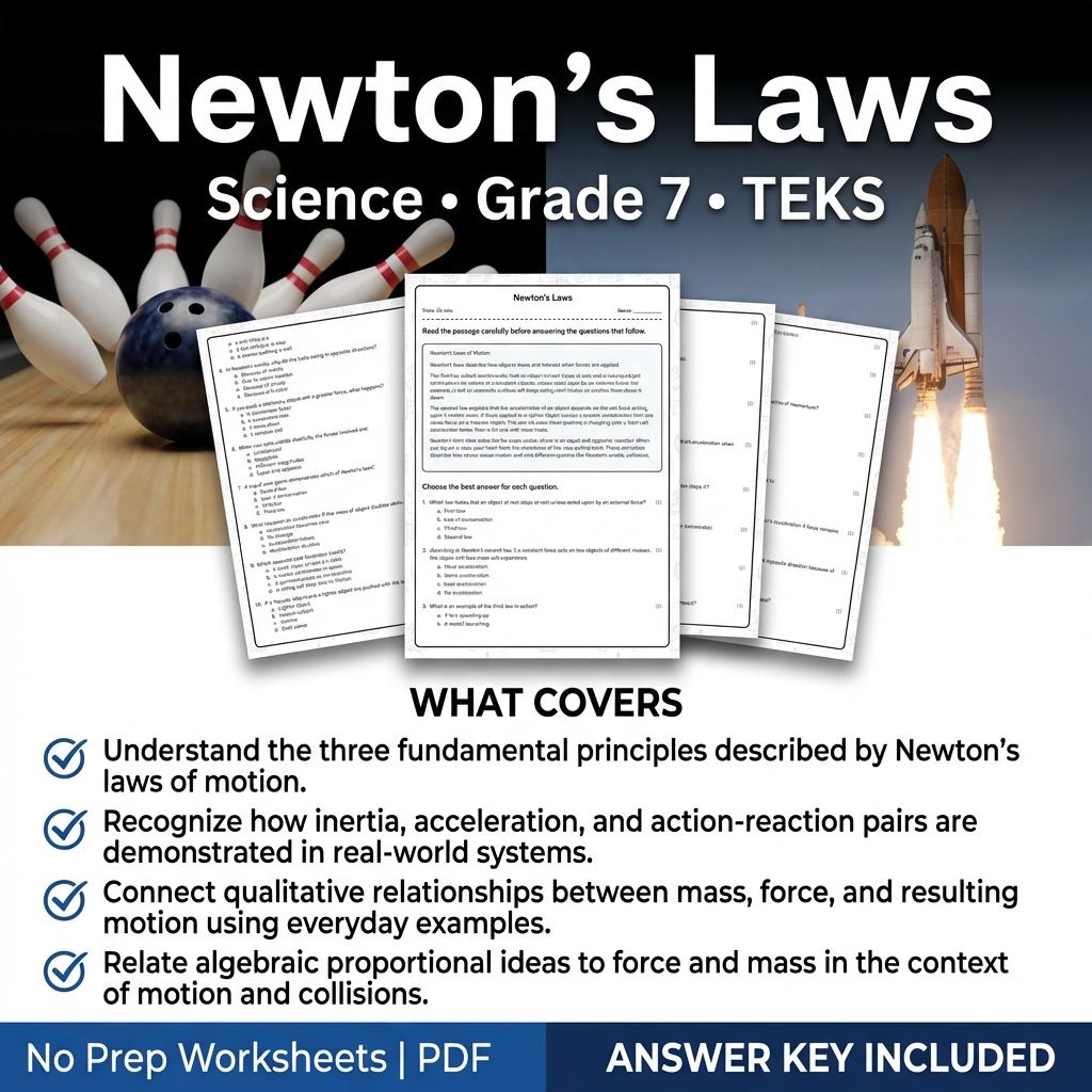 Newton's Laws Grade 7 Science Worksheet with Answer Key and Rubric