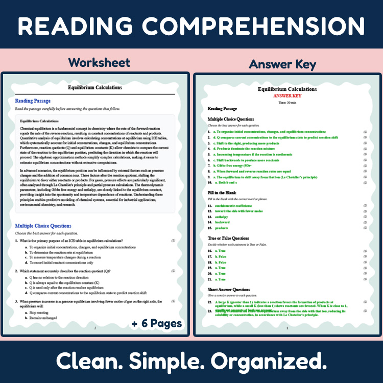 Grade 12 Science reading worksheets worksheet — Grade 12 Science | Equilibrium Calculations Reading Worksheet (PDF + Answe…