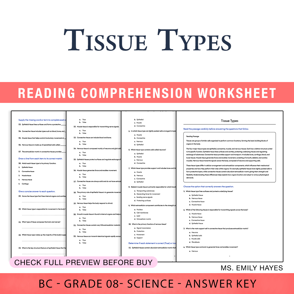 Grade 8 Science worksheet worksheet — 8th Grade Science | Tissue Types Worksheet (PDF+ Answer Key) — page 1
