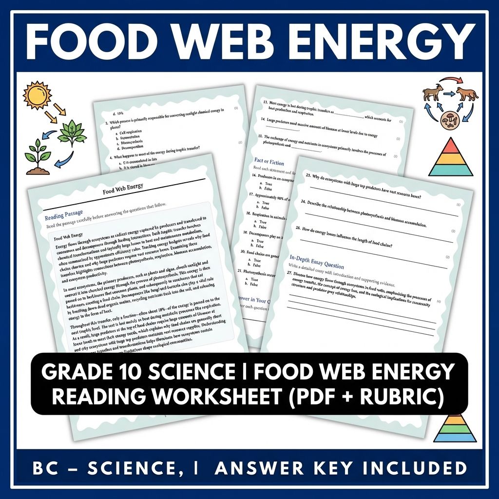 Grade 10 Science | Food Web Energy Reading Worksheet (PDF + Rubric)