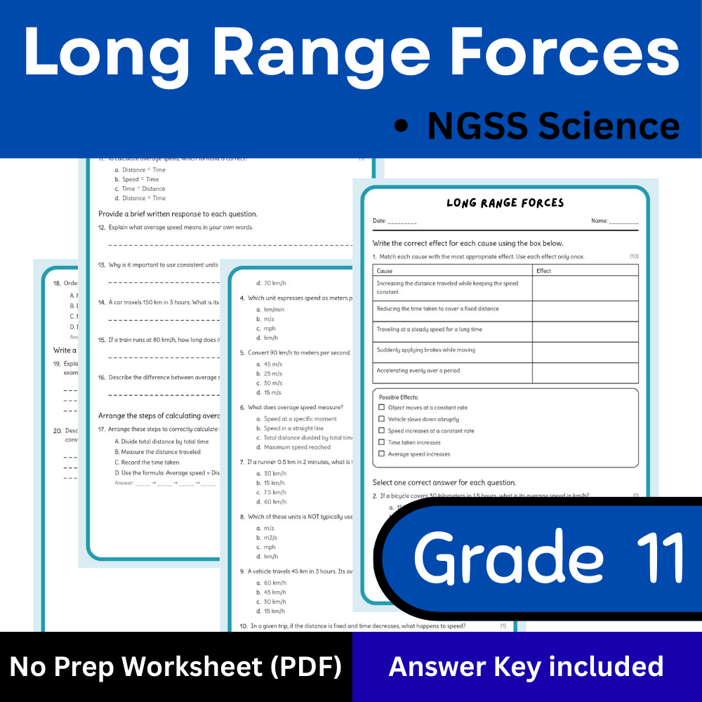 Grade 11 Science science 1 worksheet — Grade 11 Science | Long Range Forces Worksheet + Answer Key (NGSS Aligned)