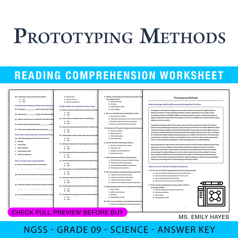 Grade 9 Science worksheet — Grade 9 Science | Prototyping Methods Worksheet (PDF+ Answer Key) — page 1