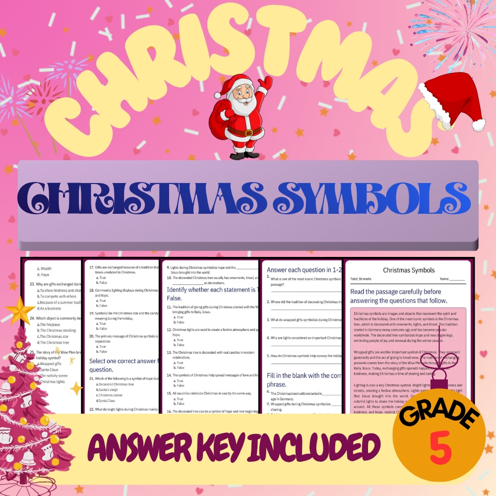 Grade 5 Seasonal| Christmas Symbols Worksheet for Mastery | PDF + Answer Key