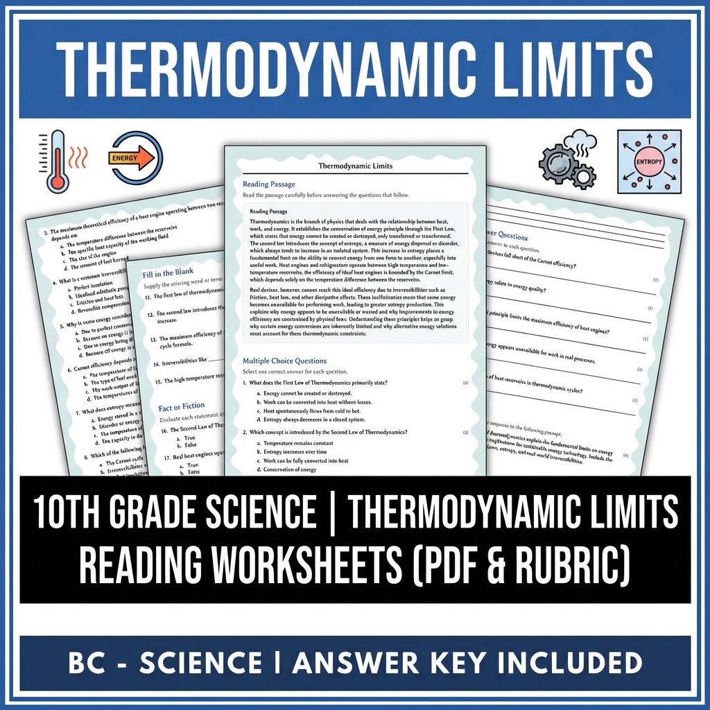 10th Grade Science | Thermodynamic Limits Reading Worksheets (PDF & Rubric)
