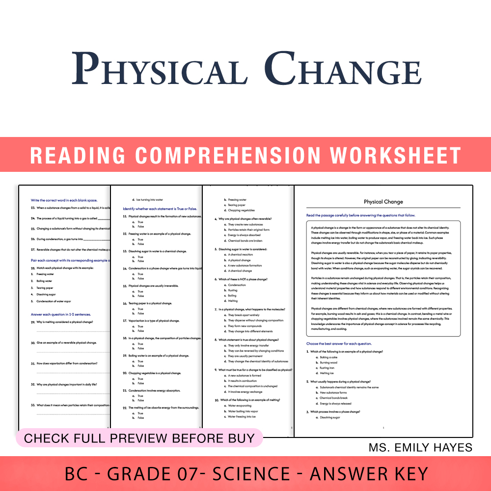 Grade 7 Science worksheet worksheet — 7th Grade Science | Physical Change Worksheet (PDF + Answer Key) — page 1