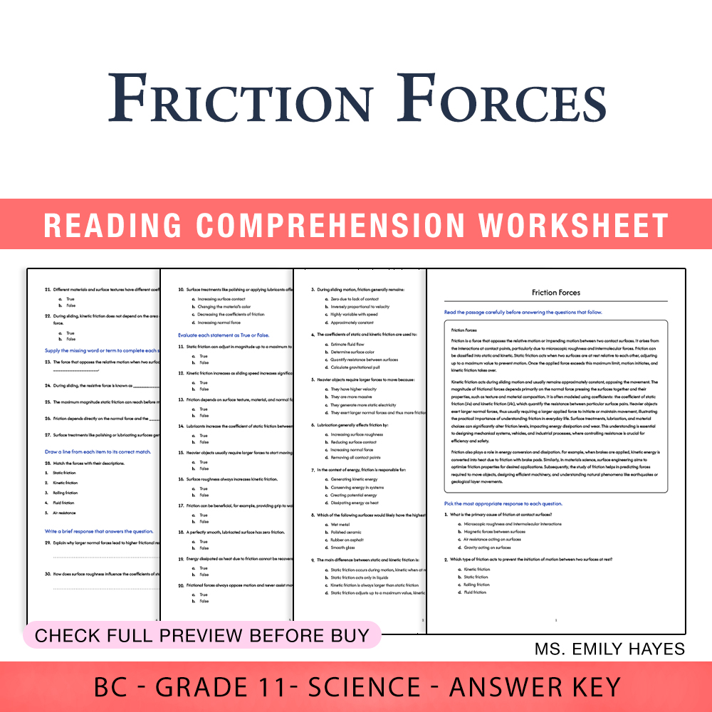 Grade 11 Science worksheet worksheet — 11th Grade Science | Friction Forces Worksheet (PDF + Answer Key) — page 1