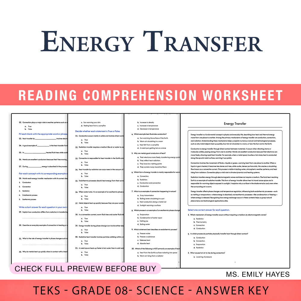Grade 8 Science worksheet worksheet — Grade 8 Science | Energy Transfer Worksheet (PDF+ Answer Key) — page 1